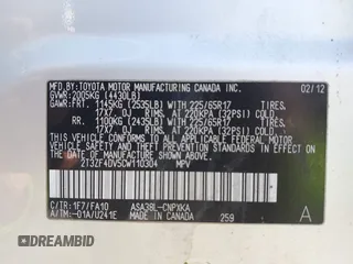 2012 Toyota RAV4 with VIN 2T3ZF4DV5CW110304, listed as a IAAI auction lot 42021666 with 206,386 mi miles. Bid and sale history available at carsss.com. Image 9.