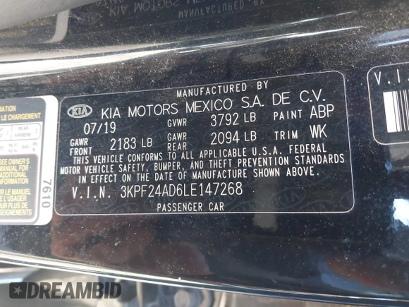 2020 Kia Forte LXS z VIN 3KPF24AD6LE147268, wystawiony jako IAAI lot #41972155 z przebiegiem 99 324 mil mil oraz . Historia ofert i sprzedaży dostępna na DreamBid. Obrazek 9.