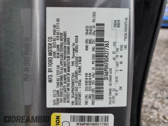 2013 Ford Fusion SE with VIN 3FA6P0H70DR277363, listed as a Copart auction lot 63385115 with 109,631 mi miles and Clean title. Bid and sale history available at DreamBid. Image 12.