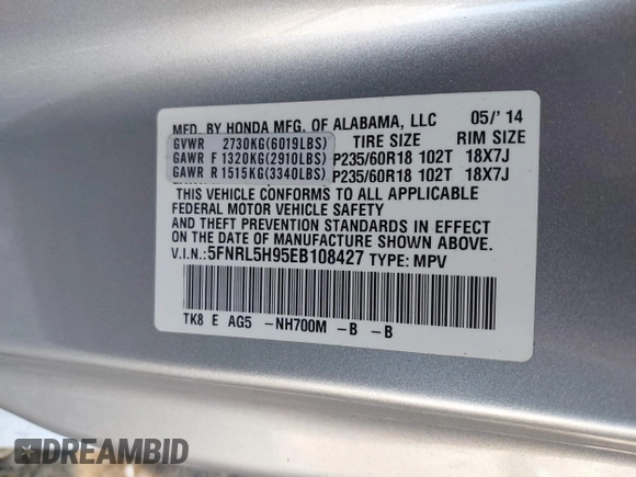 2014 Honda Odyssey Touring with VIN 5FNRL5H95EB108427, listed as a IAAI auction lot 39992643 with 100,658 mi miles and . Bid and sale history available at DreamBid. Image 9.