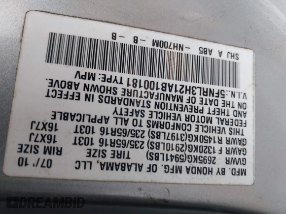 2010 Honda Odyssey LX with VIN 5FNRL3H21AB100181, listed as a IAAI auction lot 42258010 with 246,463 mi miles and . Bid and sale history available at DreamBid. Image 9.