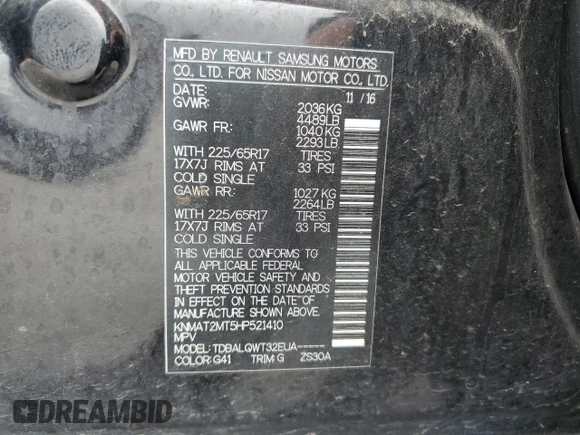 2017 Nissan Rogue SV with VIN KNMAT2MT5HP521410, listed as a Copart auction lot 56357785 with 150,734 mi miles and Salvage title. Bid and sale history available at DreamBid. Image 14.