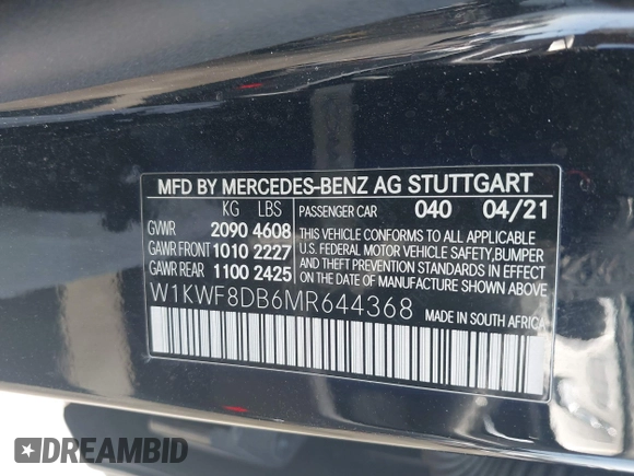 2021 Mercedes-Benz C 300 with VIN W1KWF8DB6MR644368, listed as a IAAI auction lot 42301596 with 47,323 mi miles and . Bid and sale history available at DreamBid. Image 9.