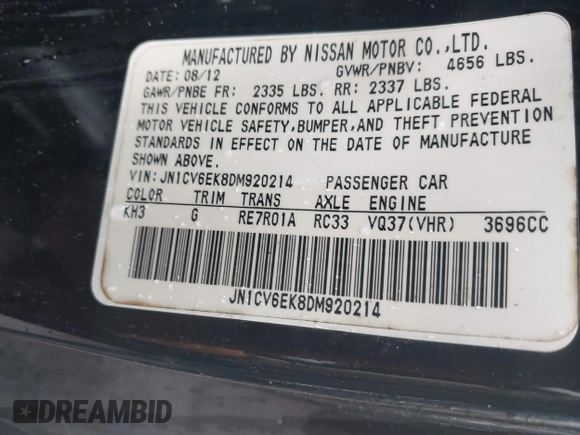 2013 Infiniti G37 IPL with VIN JN1CV6EK8DM920214, listed as a IAAI auction lot 42150055 with 107,977 mi miles. Bid and sale history available at carsss.com. Image 9.