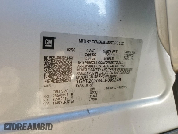 2020 Cadillac XT4 FWD Premium Luxury with VIN 1GYFZCR44LF099246, listed as a Copart auction lot 41861735 with 98,018 mi miles and Salvage title. Bid and sale history available at DreamBid. Image 14.