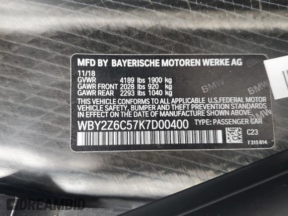 2019 BMW i8 z VIN WBY2Z6C57K7D00400, wystawiony jako Copart lot #63623433 z przebiegiem 4 255 mil mil oraz . Historia ofert i sprzedaży dostępna na DreamBid. Obrazek 12.