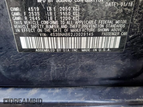 2018 Subaru Legacy with VIN 4S3BNAB62J3029145, listed as a Copart auction lot 40796663 with 0 mi miles. Bid and sale history available at carsss.com. Image 13.