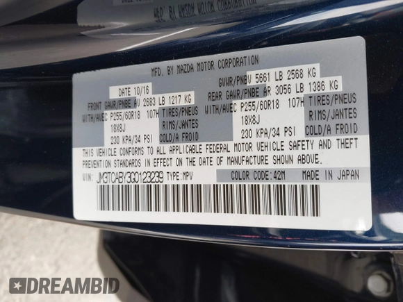 2016 Mazda CX-9 Sport with VIN JM3TCABY3G0123239, listed as a IAAI auction lot 42570700 with 119,414 mi miles and . Bid and sale history available at DreamBid. Image 9.