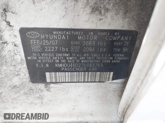 2007 Hyundai Elantra GLS with VIN KMHDU46D27U163769, listed as a IAAI auction lot 42630160 with 133,905 mi miles and . Bid and sale history available at DreamBid. Image 9.