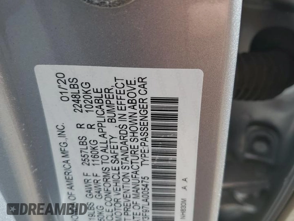 2020 Honda Accord Touring with VIN 1HGCV3F97LA005475, listed as a Copart auction lot 51467435 with Not provided miles and Salvage title. Bid and sale history available at DreamBid. Image 12.