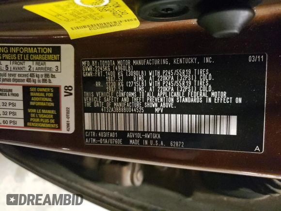 2011 Toyota Venza with VIN 4T3ZA3BB8BU044525, listed as a Copart auction lot 50213455 with 111,396 mi miles and Salvage Title. Bid and sale history available at DreamBid. Image 15.