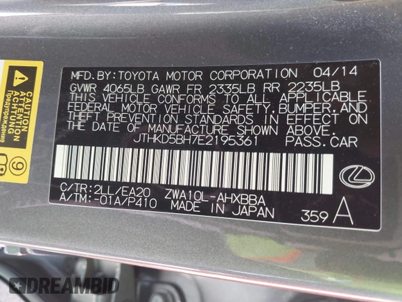 2014 Lexus CT 200h z VIN JTHKD5BH7E2195361, wystawiony jako IAAI lot #41992404 z przebiegiem 210 313 mil mil oraz . Historia ofert i sprzedaży dostępna na DreamBid. Obrazek 9.