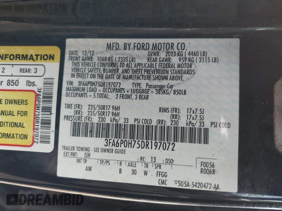 2013 Ford Fusion SE with VIN 3FA6P0H75DR197072, listed as a IAAI auction lot 42074493 with 153,699 mi miles. Bid and sale history available at carsss.com. Image 9.