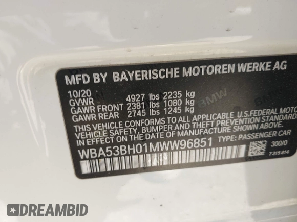 2021 BMW 5 Series 530i z VIN WBA53BH01MWW96851, wystawiony jako IAAI lot #41997994 z przebiegiem 85 608 mil mil oraz . Historia ofert i sprzedaży dostępna na DreamBid. Obrazek 9.