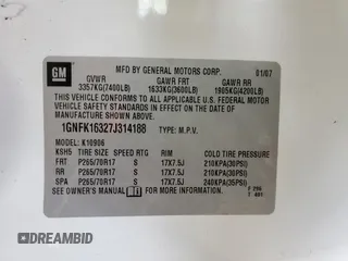 2007 Chevrolet Suburban LT с VIN 1GNFK16327J314188, выставлен на аукционе Copart как лот 56455285 с пробегом Не указан миль и Списание • Salvage title. История ставок и продаж доступна на DreamBid. Изображение 13.