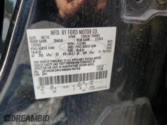 2011 Ford Edge Limited с VIN 2FMDK3KC9BBA16702, выставлен на аукционе Copart как лот 57381265 с пробегом 281 979 миль миль и Списание • Salvage title. История ставок и продаж доступна на DreamBid. Изображение 14.