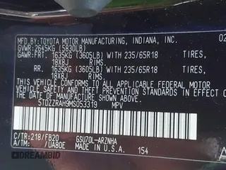 2021 Toyota Highlander L with VIN 5TDZZRAH9MS053319, listed as a IAAI auction lot 42478652 with 48,687 mi miles and . Bid and sale history available at DreamBid. Image 9.