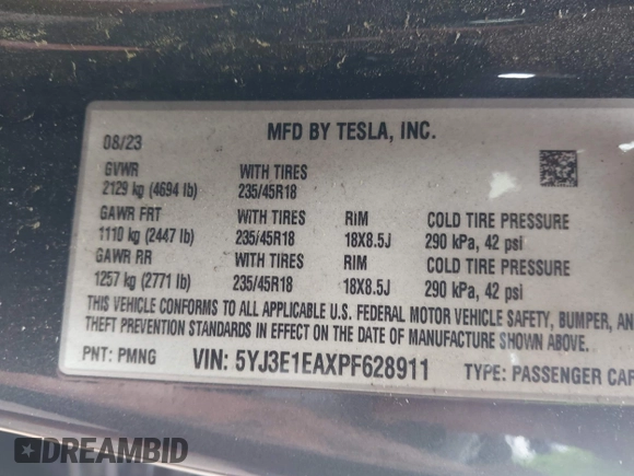 2023 Tesla Model 3 with VIN 5YJ3E1EAXPF628911, listed as a IAAI auction lot 42362410 with 25,387 mi miles and . Bid and sale history available at DreamBid. Image 9.