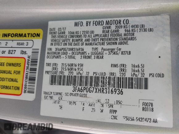 2017 Ford Fusion S with VIN 3FA6P0G7XHR316936, listed as a IAAI auction lot 41888766 with 175,881 mi miles. Bid and sale history available at carsss.com. Image 9.