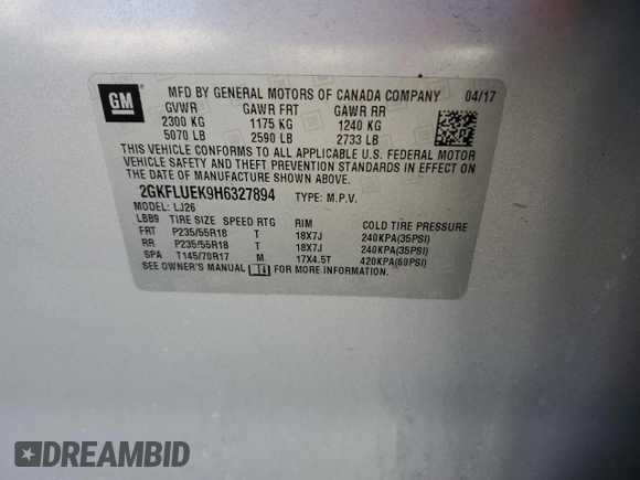 2017 GMC Terrain SLT with VIN 2GKFLUEK9H6327894, listed as a Copart auction lot 49772925 with 126,062 mi miles and Salvage Title. Bid and sale history available at DreamBid. Image 13.