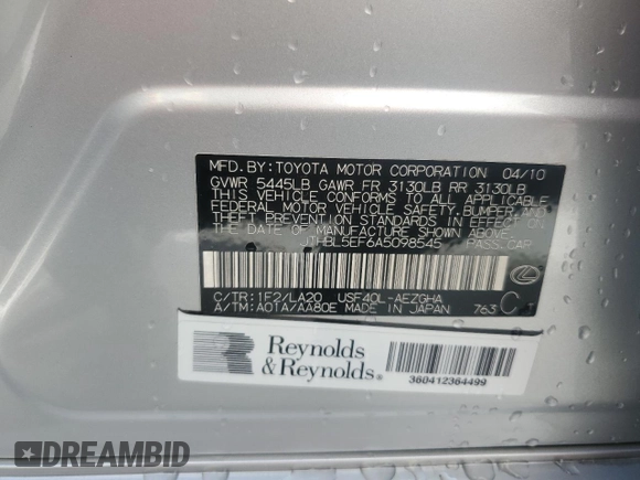 2010 Lexus LS 460 with VIN JTHBL5EF6A5098545, listed as a Copart auction lot 54427435 with 66,616 mi miles and Salvage title. Bid and sale history available at DreamBid. Image 13.
