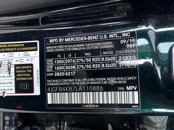 2020 Mercedes-Benz GLE 350 with VIN 4JGFB4KB7LA110886, listed as a Copart auction lot 60908345 with 83,289 mi miles and Clean title. Bid and sale history available at DreamBid. Image 10.