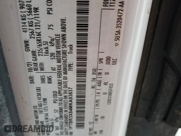 2021 Ford Transit Cargo с VIN 1FTBR3X84MKA93837, выставлен на аукционе Copart как лот 45632745 с пробегом 215 560 миль миль и Списание • Salvage title. История ставок и продаж доступна на DreamBid. Изображение 14.