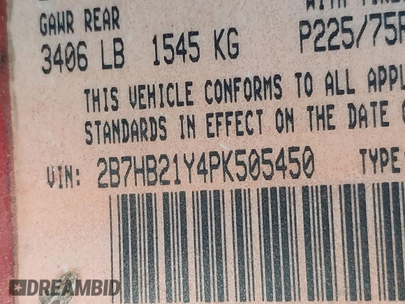 1993 Dodge Cargo with VIN 2B7HB21Y4PK505450, listed as a IAAI auction lot 42082006 with 68,945 mi miles. Bid and sale history available at carsss.com. Image 9.