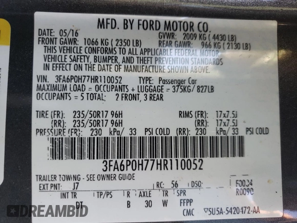 2017 Ford Fusion SE with VIN 3FA6P0H77HR110052, listed as a Copart auction lot 46236475 with 95,135 mi miles and Salvage Title. Bid and sale history available at carsss.com. Image 14.