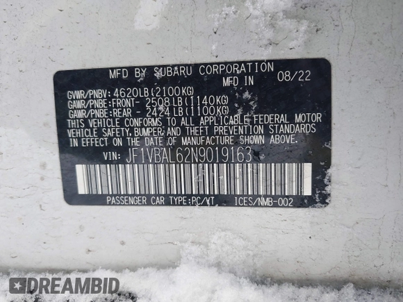 2022 Subaru WRX Limited с VIN JF1VBAL62N9019163, выставлен на аукционе IAAI как лот 41171464 с пробегом 13 070 миль миль и . История ставок и продаж доступна на DreamBid. Изображение 9.