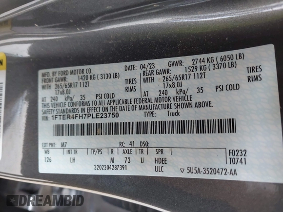 2023 Ford Ranger XL with VIN 1FTER4FH7PLE23750, listed as a IAAI auction lot 42008399 with 52,359 mi miles and . Bid and sale history available at DreamBid. Image 9.