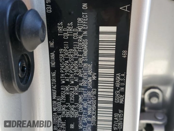 2010 Toyota Highlander Limited with VIN 5TDDK3EH9AS017163, listed as a Copart auction lot 56712655 with 164,873 mi miles and Salvage title. Bid and sale history available at DreamBid. Image 13.