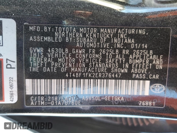 2014 Toyota Camry L with VIN 4T4BF1FK2ER376447, listed as a Copart auction lot 82886974 with 112,833 mi miles and Salvage Title. Bid and sale history available at DreamBid. Image 12.