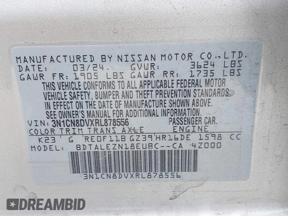 2024 Nissan Versa S with VIN 3N1CN8DVXRL878556, listed as a IAAI auction lot 41356641 with 14,126 mi miles. Bid and sale history available at carsss.com. Image 9.