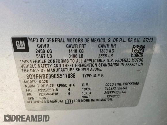 2014 Cadillac SRX Luxury Collection with VIN 3GYFNBE39ES517088, listed as a Copart auction lot 46079395 with 0 mi miles and Non Repairable. Bid and sale history available at carsss.com. Image 13.