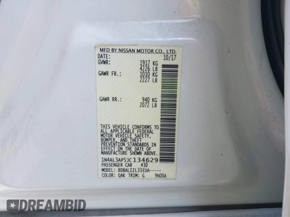 2018 Nissan Altima SV with VIN 1N4AL3AP5JC134629, listed as a IAAI auction lot 41979842 with Not Provided miles and . Bid and sale history available at DreamBid. Image 9.