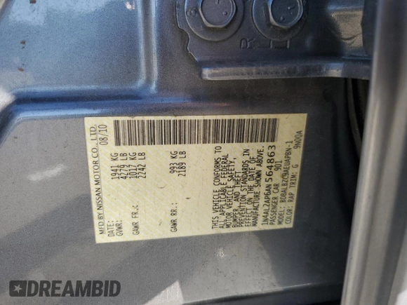 2010 Nissan Altima SL with VIN 1N4AL2AP6AN564863, listed as a Copart auction lot 62298535 with 137,578 mi miles and Salvage title. Bid and sale history available at DreamBid. Image 12.