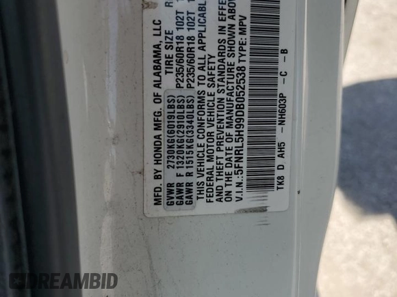 2013 Honda Odyssey Touring with VIN 5FNRL5H99DB052538, listed as a Copart auction lot 66310875 with 192,052 mi miles and Clean title. Bid and sale history available at DreamBid. Image 13.