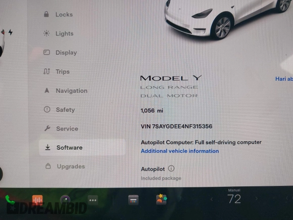 2022 Tesla Model Y Long Range z VIN 7SAYGDEE4NF315356, wystawiony jako IAAI lot #41571151 z przebiegiem 1 056 mil mil oraz . Historia ofert i sprzedaży dostępna na DreamBid. Obrazek 7.