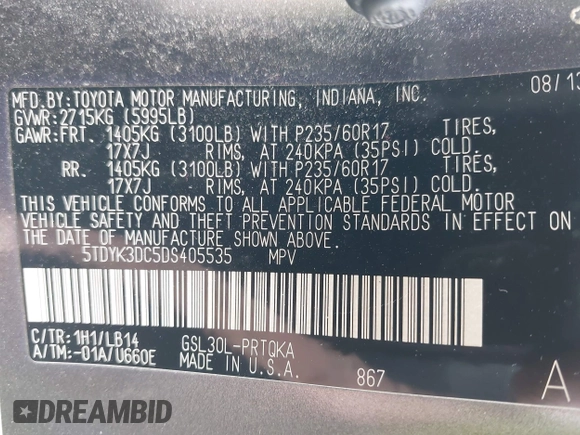 2013 Toyota Sienna XLE AAS with VIN 5TDYK3DC5DS405535, listed as a IAAI auction lot 42348931 with 186,177 mi miles and . Bid and sale history available at DreamBid. Image 9.