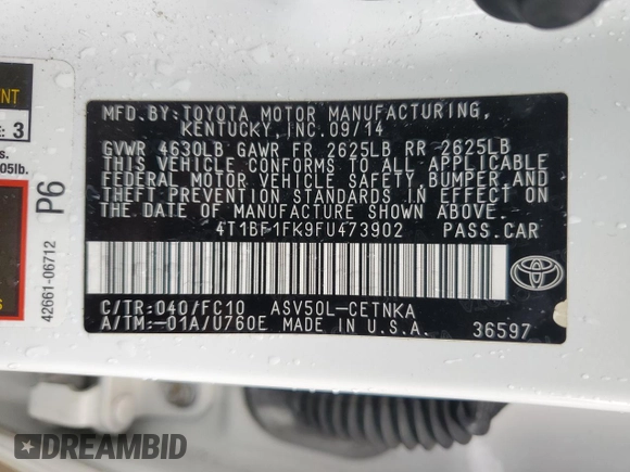 2015 Toyota Camry XLE с VIN 4T1BF1FK9FU473902, выставлен на аукционе Copart как лот 56426955 с пробегом 149 920 миль миль и Списание • Salvage title. История ставок и продаж доступна на DreamBid. Изображение 13.
