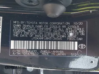 2021 Toyota Prius L Eco with VIN JTDKAMFU8M3136565, listed as a IAAI auction lot 42161896 with 39,634 mi miles and . Bid and sale history available at DreamBid. Image 9.
