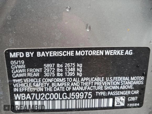 2020 BMW 7 Series 750i xDrive with VIN WBA7U2C00LGJ59975, listed as a Copart auction lot 48172775 with Not provided miles and Salvage title. Bid and sale history available at DreamBid. Image 12.