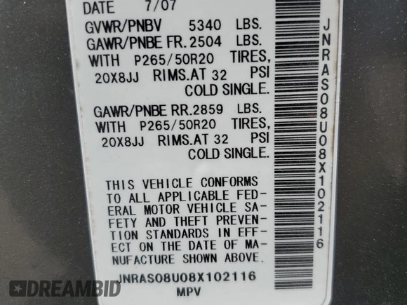 2008 Infiniti FX z VIN JNRAS08U08X102116, wystawiony jako Copart lot #56519735 z przebiegiem 217 516 mil mil oraz Szkoda całkowita • Salvage title. Historia ofert i sprzedaży dostępna na DreamBid. Obrazek 14.