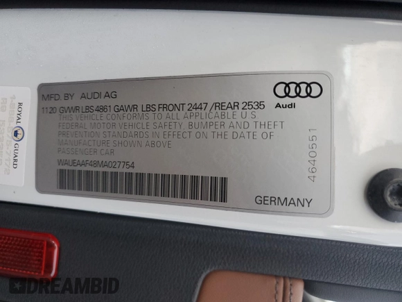 2021 Audi A4 S line Premium Plus with VIN WAUEAAF48MA027754, listed as a Copart auction lot 73360802 with 38,480 mi miles and . Bid and sale history available at DreamBid. Image 12.