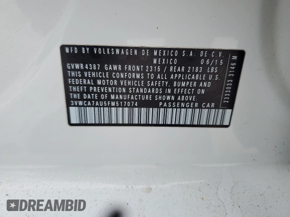 2015 Volkswagen Golf SportWagen TDI S with VIN 3VWCA7AU5FM517074, listed as a Copart auction lot 87799265 with 124,259 mi miles and Salvage Title. Bid and sale history available at carsss.com. Image 13.