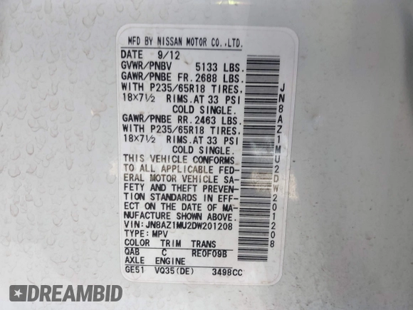 2013 Nissan Murano LE with VIN JN8AZ1MU2DW201208, listed as a IAAI auction lot 41647564 with 60,914 mi miles and . Bid and sale history available at DreamBid. Image 9.