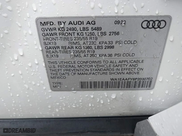 2023 Audi Q5 S line Premium Plus with VIN WA1EAAFY6P2030702, listed as a IAAI auction lot 41691330 with 14,339 mi miles. Bid and sale history available at carsss.com. Image 9.
