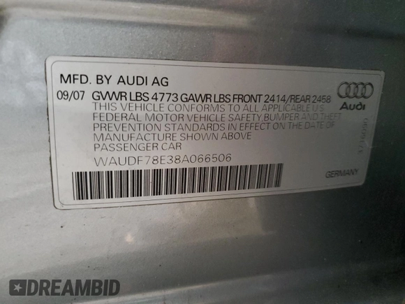 2008 Audi A4 2.0T with VIN WAUDF78E38A066506, listed as a Copart auction lot 46342365 with 185,002 mi miles and Salvage title. Bid and sale history available at DreamBid. Image 12.