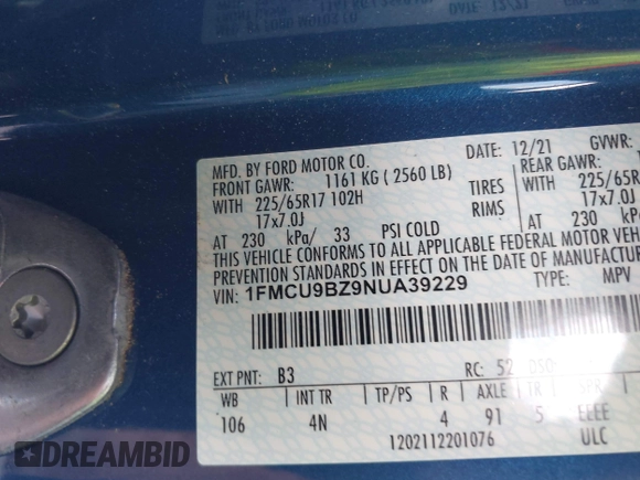 2022 Ford Escape SE Hybrid with VIN 1FMCU9BZ9NUA39229, listed as a IAAI auction lot 42447009 with 39,657 mi miles and . Bid and sale history available at DreamBid. Image 9.